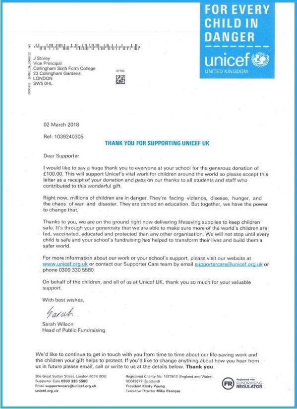 addressing a cover letter to unicef